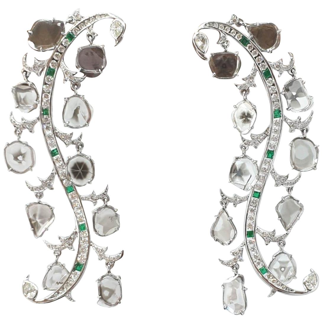 18 Karat White Gold, Diamond and Emerald Earrings For Sale