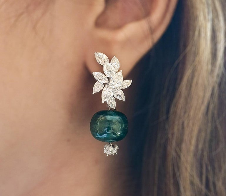 18 Karat White Gold, Diamond and Emerald Melon Earrings For Sale at 1stDibs