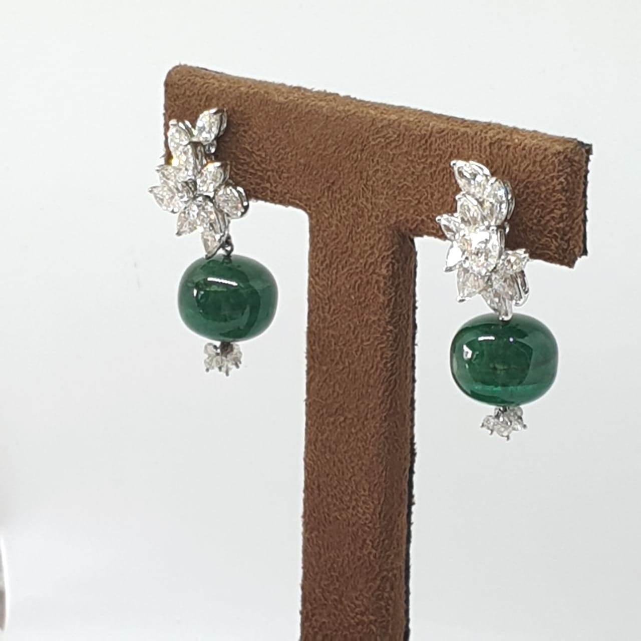 Brilliant Cut 18 Karat White Gold, Diamond and Emerald Melon Earrings For Sale