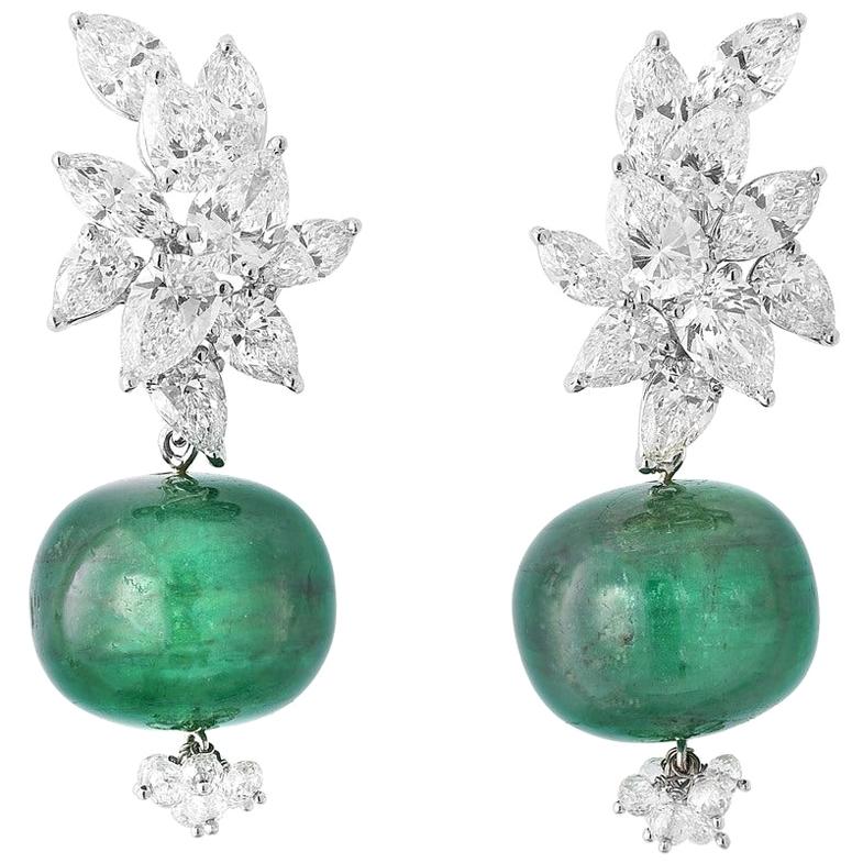 18 Karat White Gold, Diamond and Emerald Melon Earrings For Sale