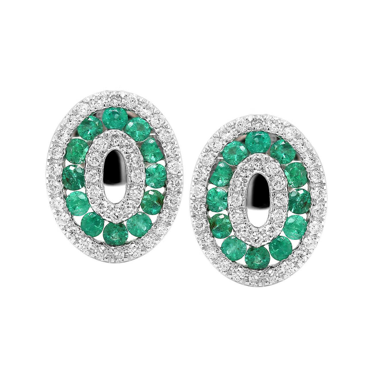 Modern 18 Karat White Gold Diamond Emerald Oval Stud Earrings For Sale