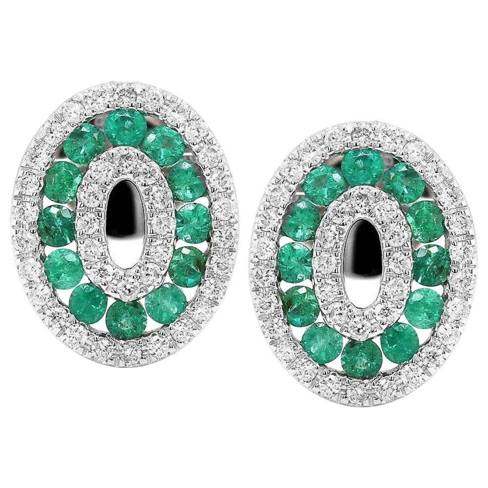 18 Karat White Gold Diamond Emerald Oval Stud Earrings For Sale