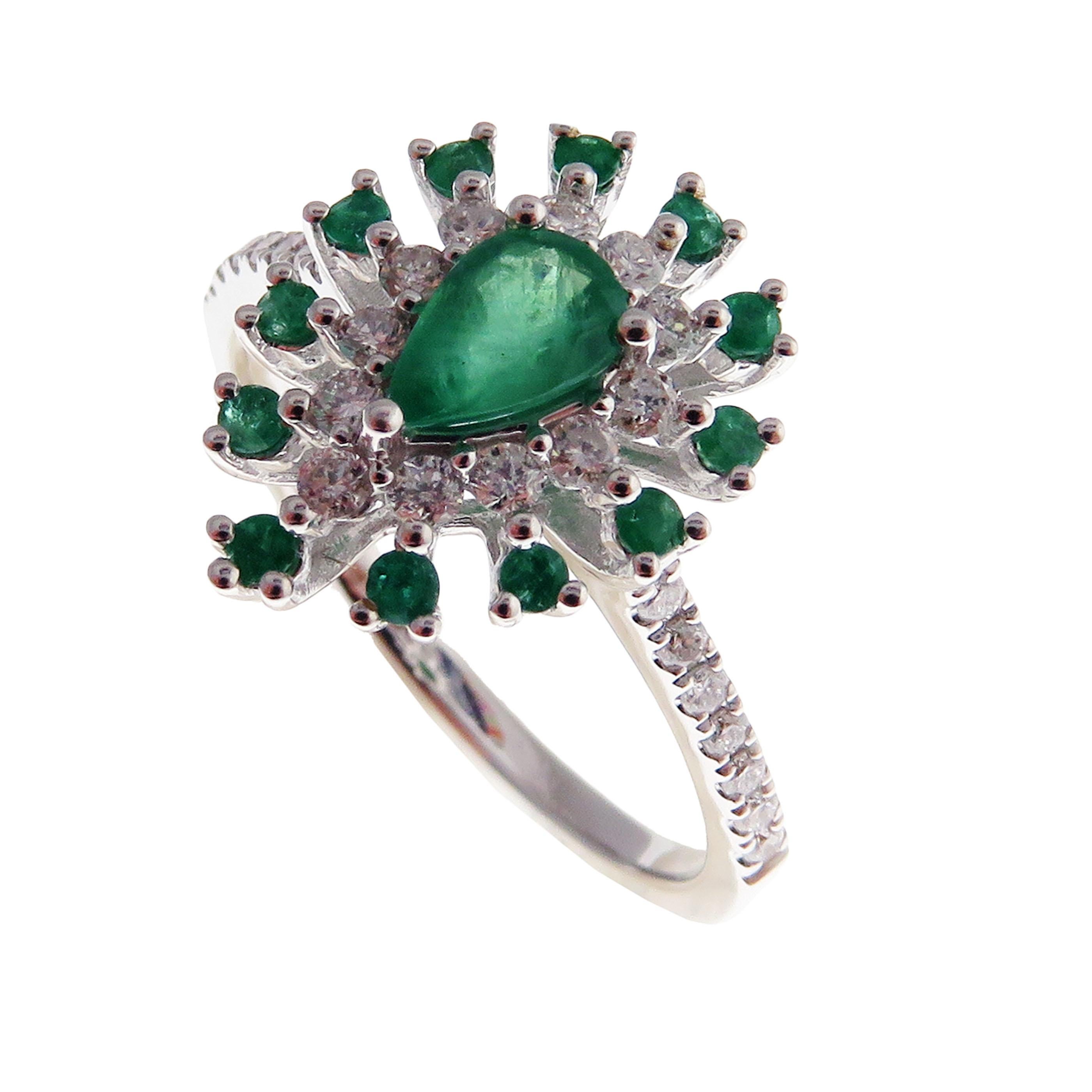 Women's or Men's 18 Karat White Gold Diamond Emerald Pear Stud Earring Ring Pendant Set