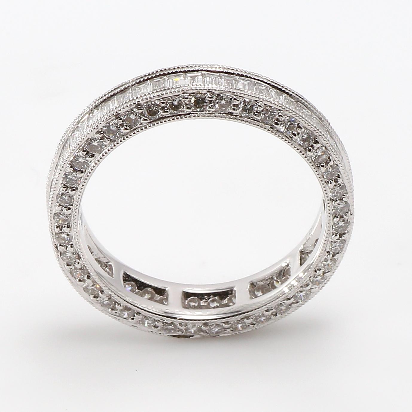 Beautifully Handcrafted Full Eternity Baguette Diamond Ring.
Baguette Cut White Diamonds totaling 0.52 Carats and Round Brilliant Cut White Diamonds totaling 0.64 Carats  G-H color, VS clarity.
Size 6 1/2 USA ring can not be sized, one of a kind.