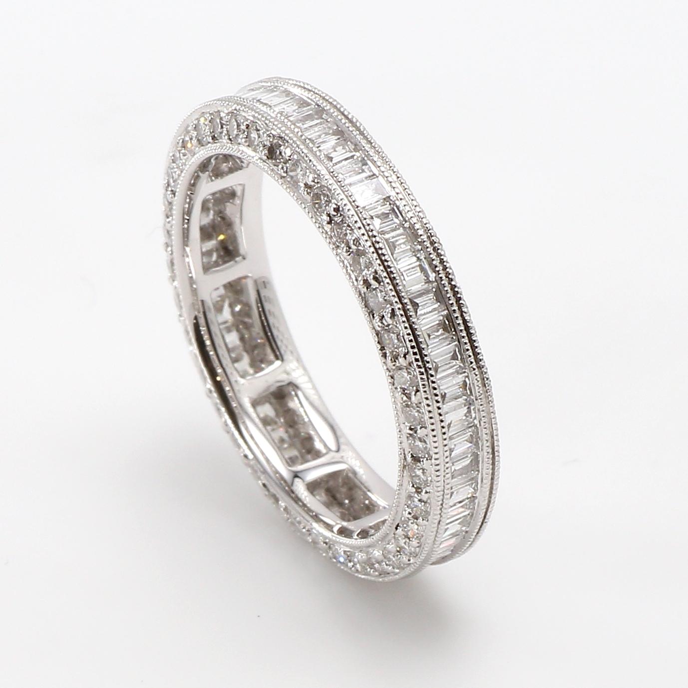 Modern 18 Karat White Gold Diamond Eternity Ring with Baguette Diamonds For Sale