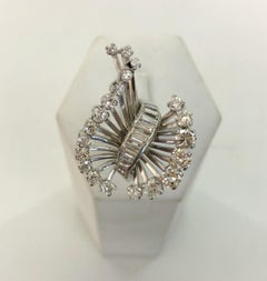 18K White Gold Diamond Fan Ring, 2.5ct Baguette & Round Cut, Italy 1950s