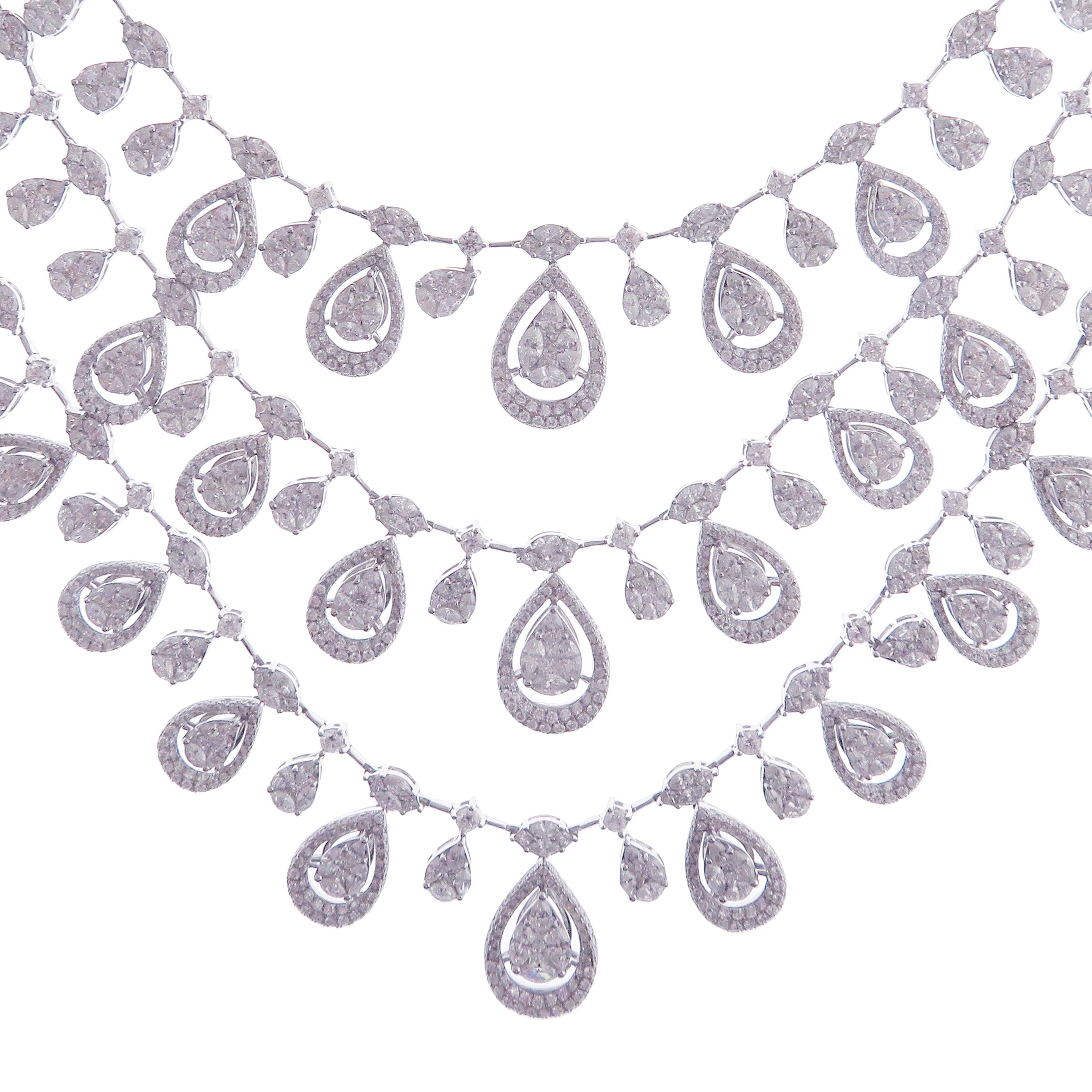Marquise Cut 18 Karat White Gold Diamond Fancy Triple-Strand Pear Marquise Necklace
