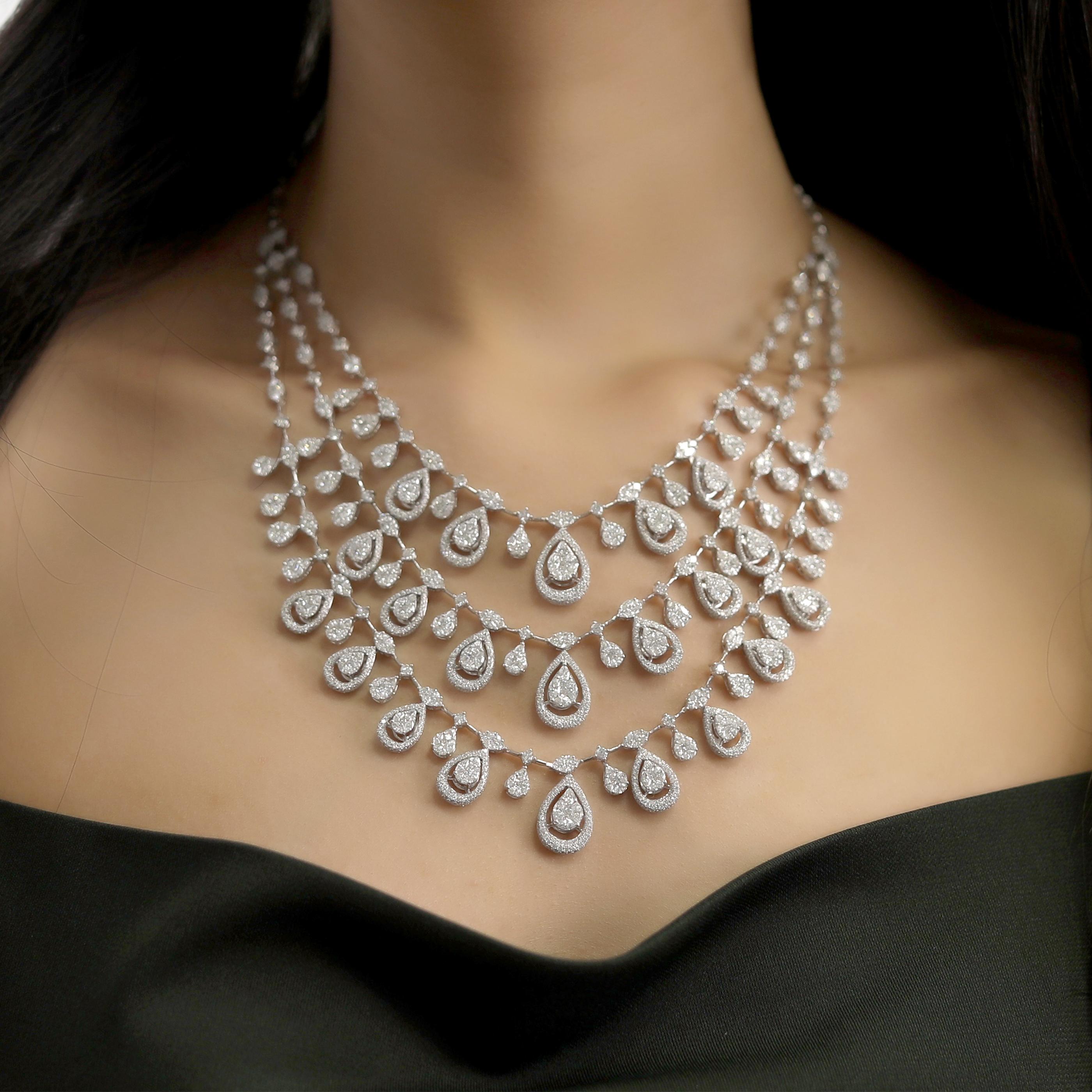 Women's or Men's 18 Karat White Gold Diamond Fancy Triple-Strand Pear Marquise Necklace