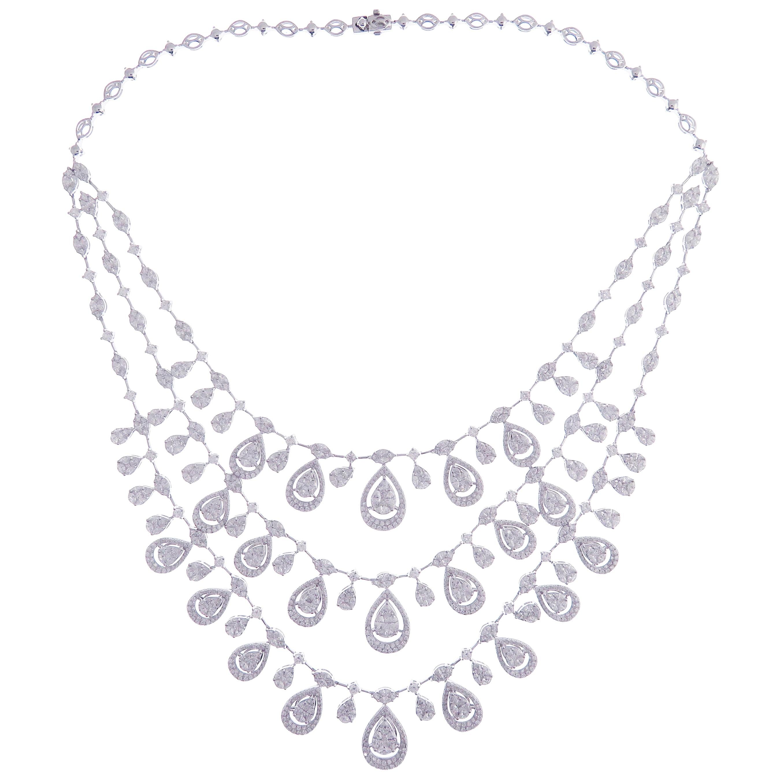 18 Karat White Gold Diamond Fancy Triple-Strand Pear Marquise Necklace