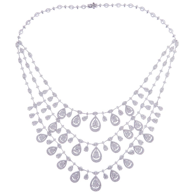 18 Karat White Gold Diamond Fancy TripleStrand Pear Marquise Necklace