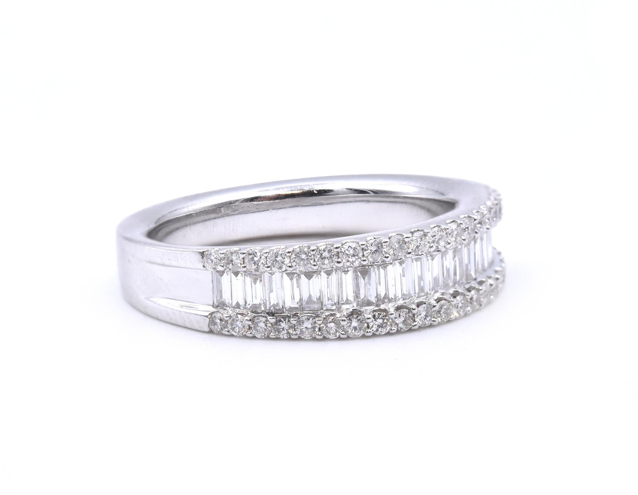 Designer: custom
Material: 18K white gold
Diamonds: 40 round cut and 20 baguette cut = .86cttw
Color: G
Clarity: VS
Size: 6.5 (please allow two additional shipping days for sizing requests)  
Weight: 5.49 grams
