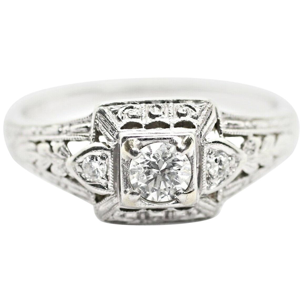 18 Karat White Gold Diamond Filgree Victorian Ring For Sale