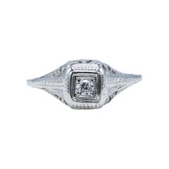 18 Karat White Gold Diamond Filigree European Cut Engagement Ring