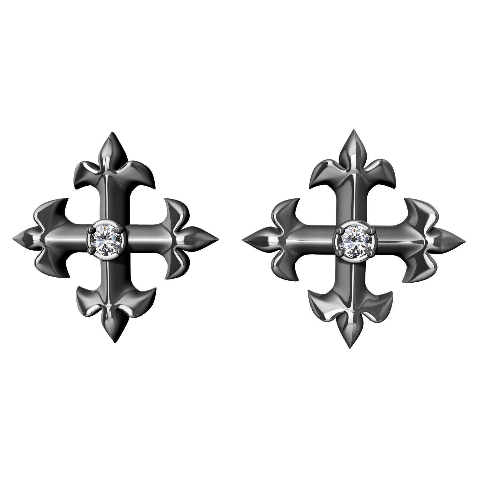 18 Karat White Gold Diamond Fleur-de-Lis Cross Stud Earrings For Sale