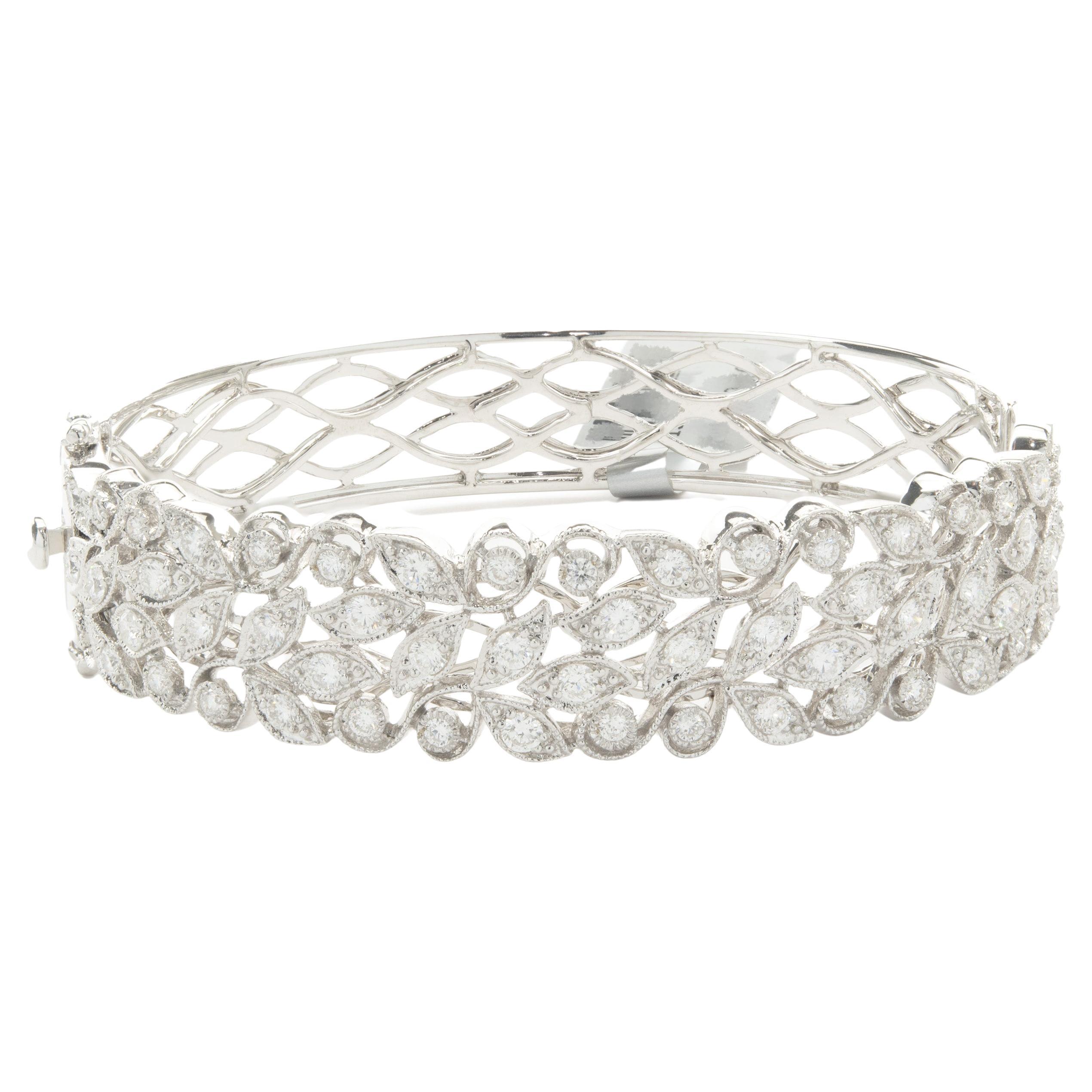 LB Exclusive 18 Karat White Gold Diamond Floral Bangle Bracelet For