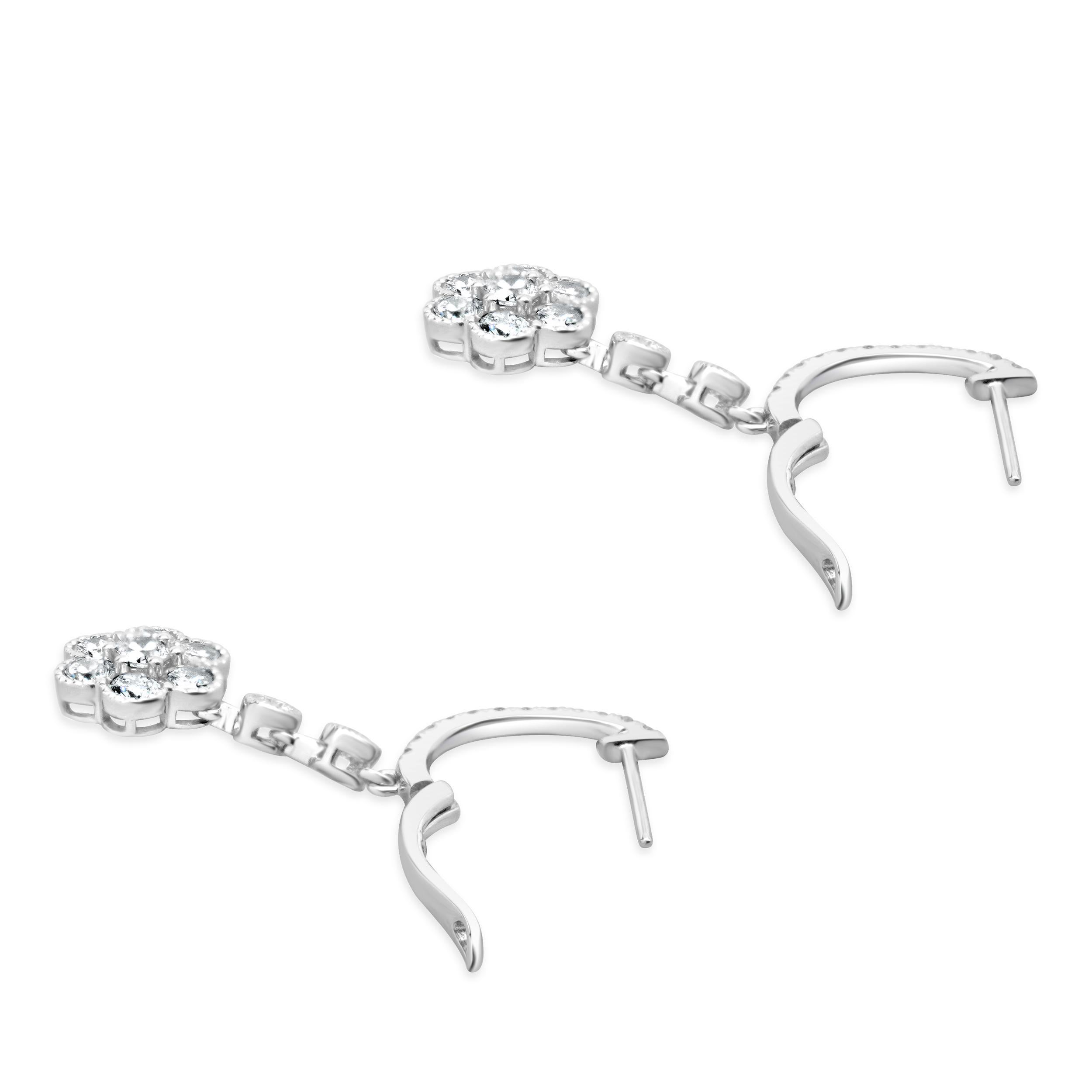 Round Cut 18 Karat White Gold Diamond Flower Drop Earrings For Sale