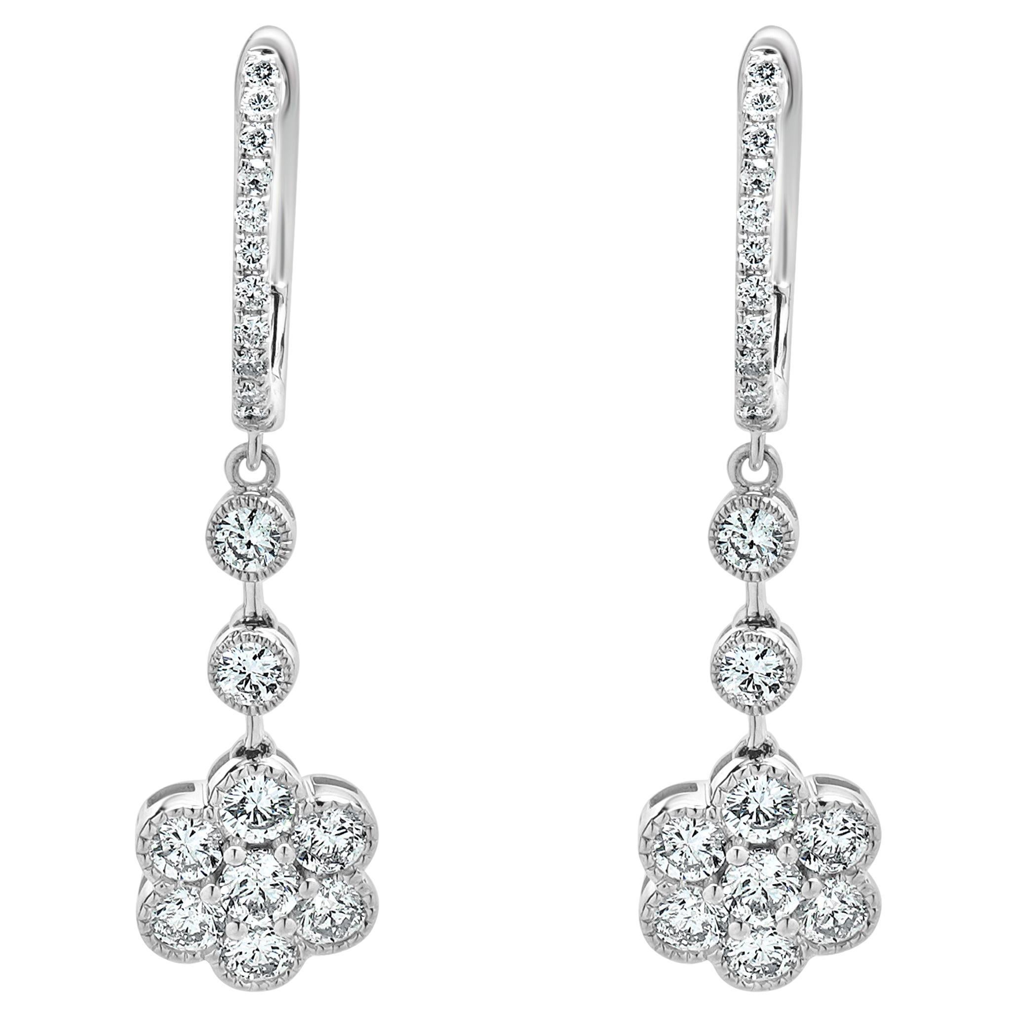 18 Karat White Gold Diamond Flower Drop Earrings For Sale