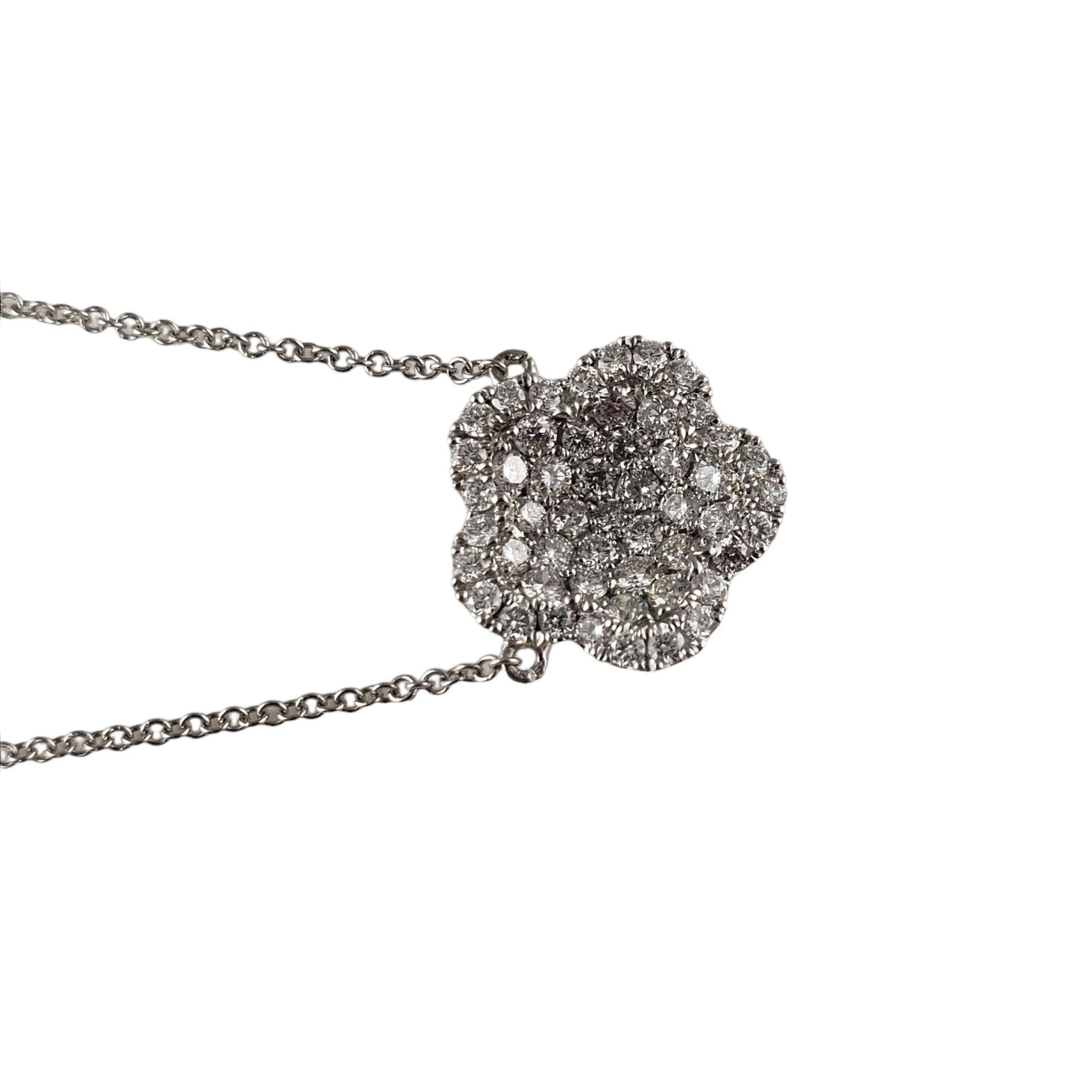 Vintage 18 Karat White Gold Diamond Flower Necklace JAGi Certified-

This stunning necklace features a sparkling flower (13 mm) decorated with 51 round brilliant cut diamonds set in classic 18K white gold.

Total diamond weight: .53 ct.

Diamond