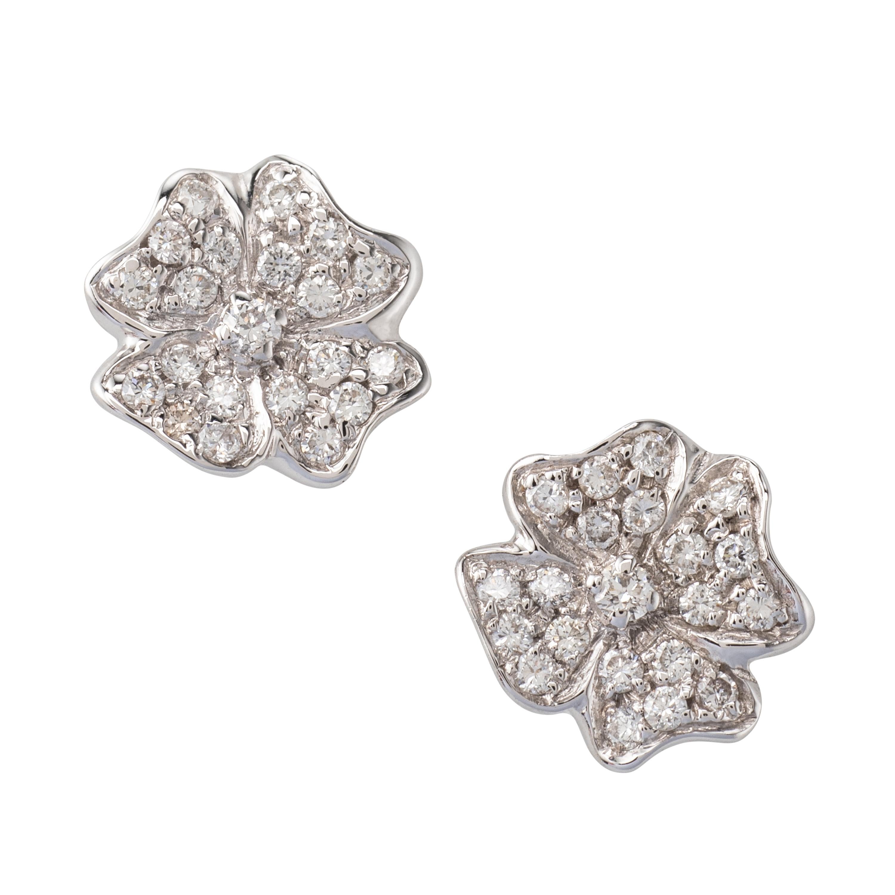 18 Karat White Gold Diamond Flower Stud Earrings For Sale
