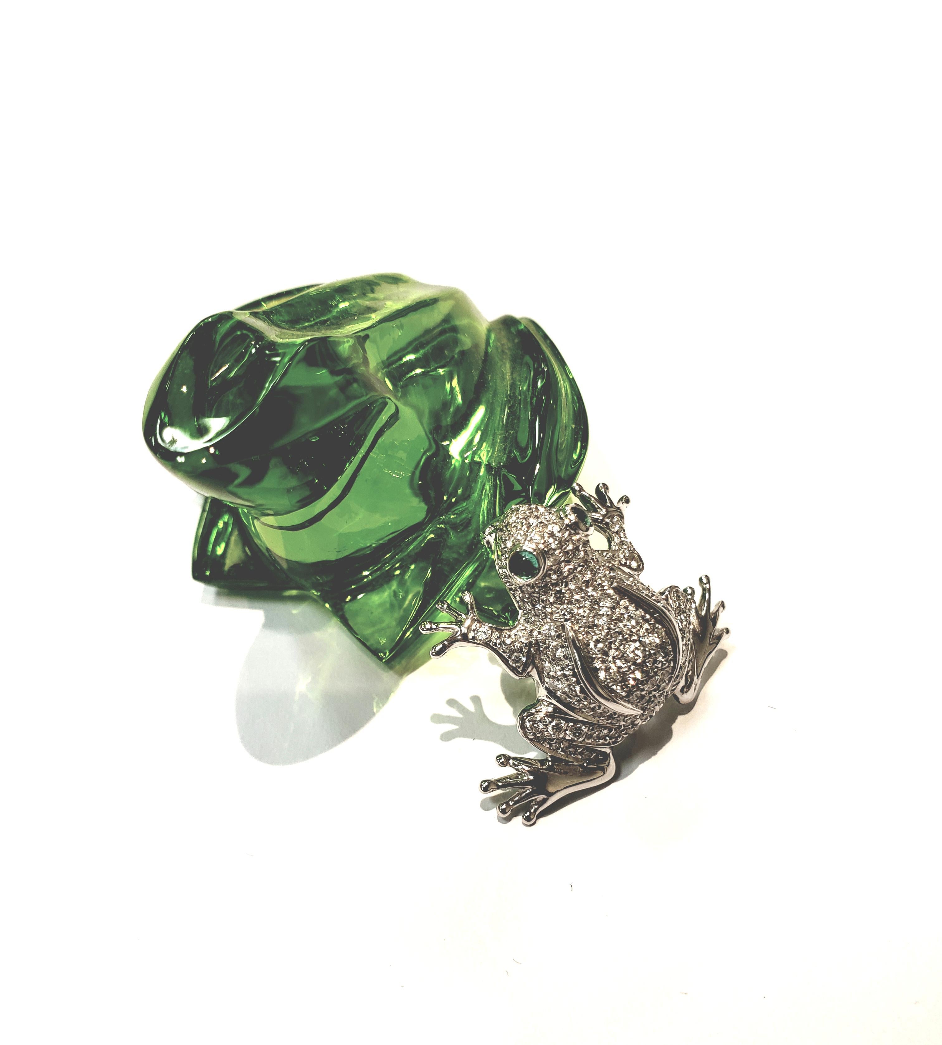 Contemporary 18 Karat White Gold and Diamond Frog Pin with Emerald Eyes by Aldo Garavelli For Sale