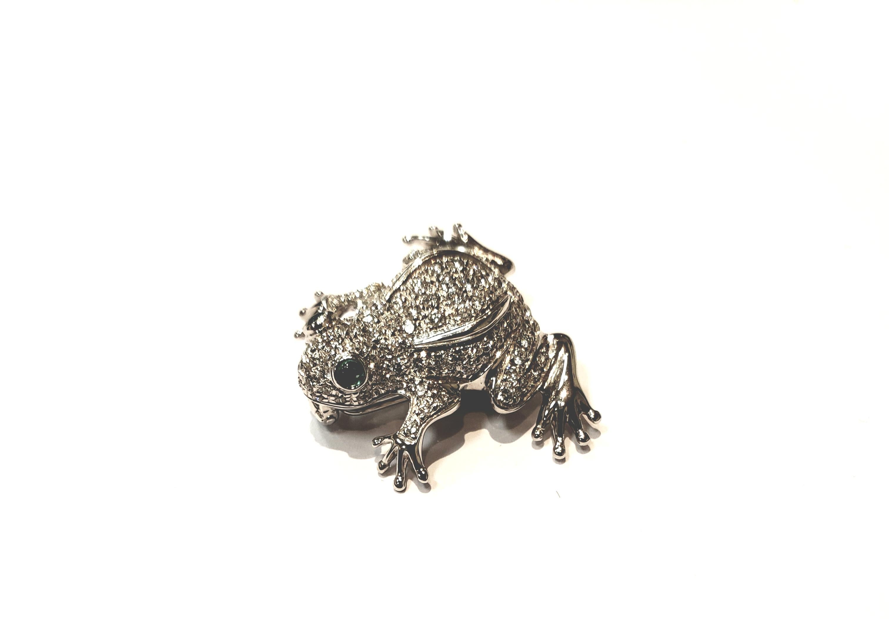 Round Cut 18 Karat White Gold and Diamond Frog Pin with Emerald Eyes by Aldo Garavelli For Sale