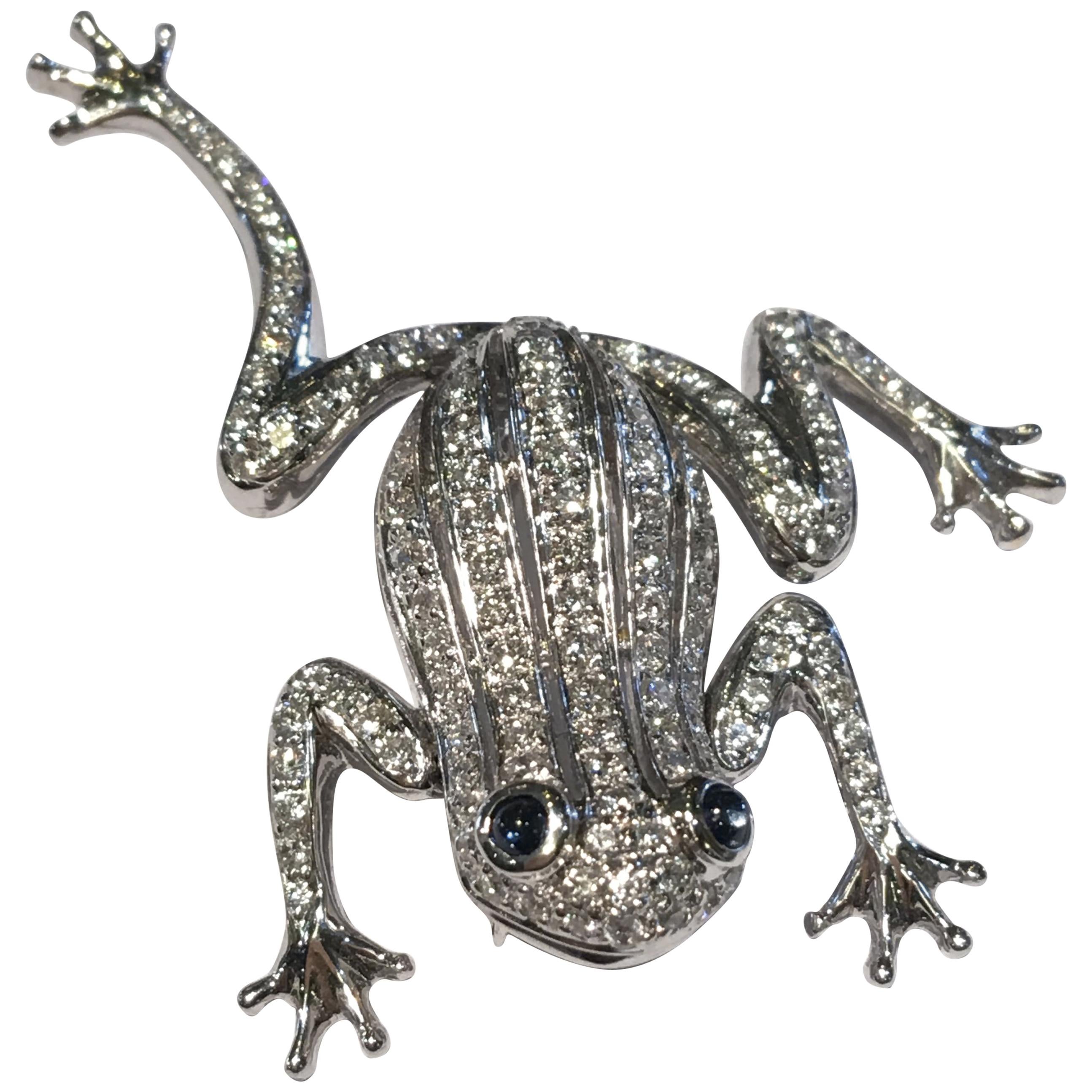 18 Karat White Gold Diamond Frog with Sapphire Cabochon Eyes Moving Limbs Brooch