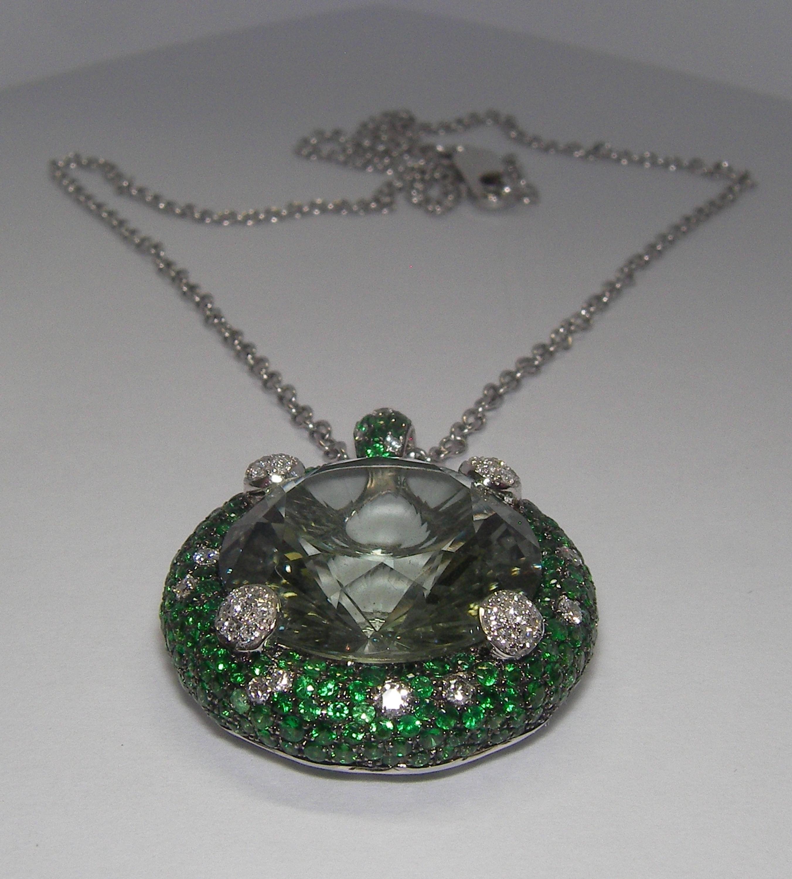 Round Cut 18 Karat White Gold Diamond Green Amethyst and Tsavorite Chain and Pendant For Sale