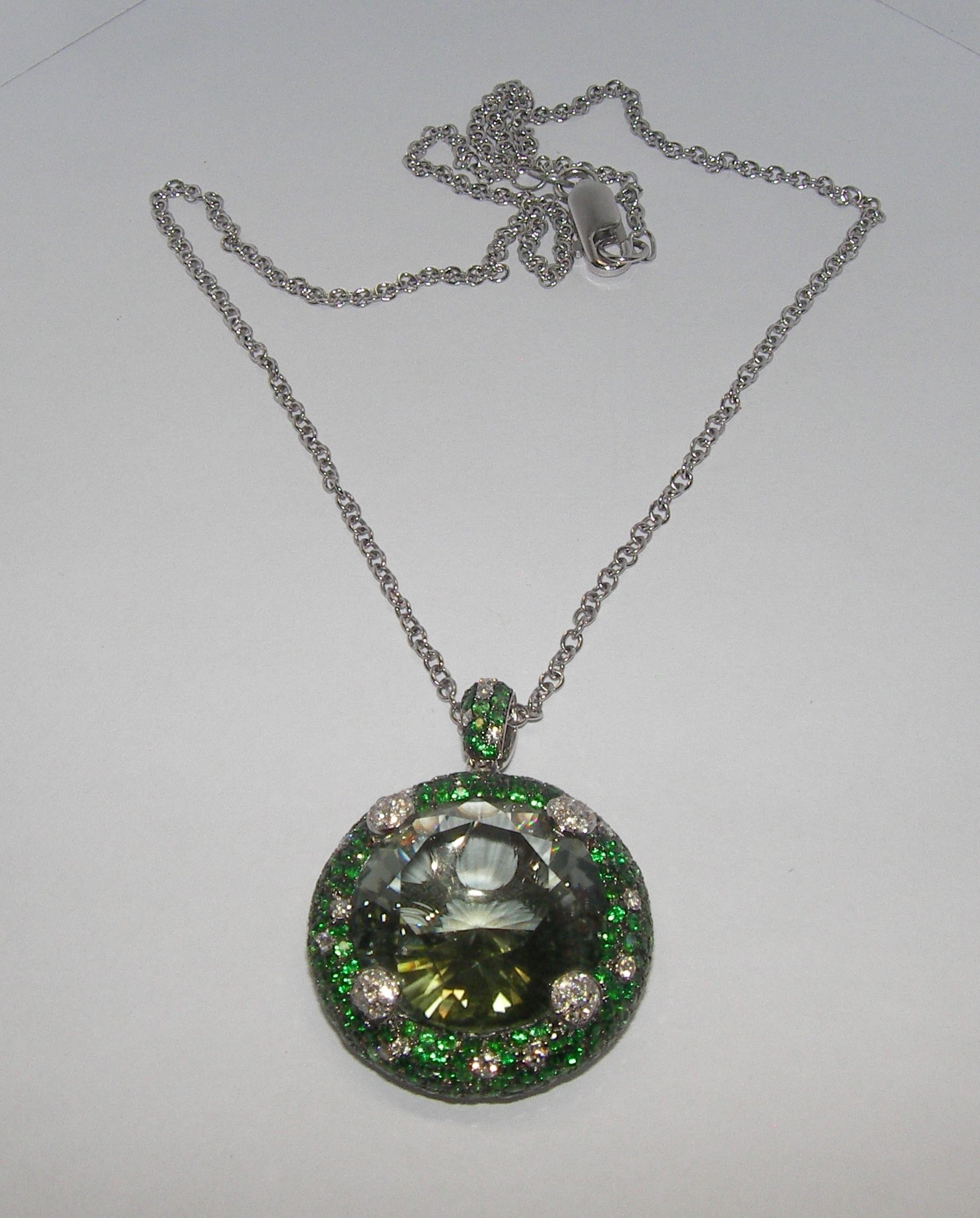 Women's or Men's 18 Karat White Gold Diamond Green Amethyst and Tsavorite Chain and Pendant For Sale