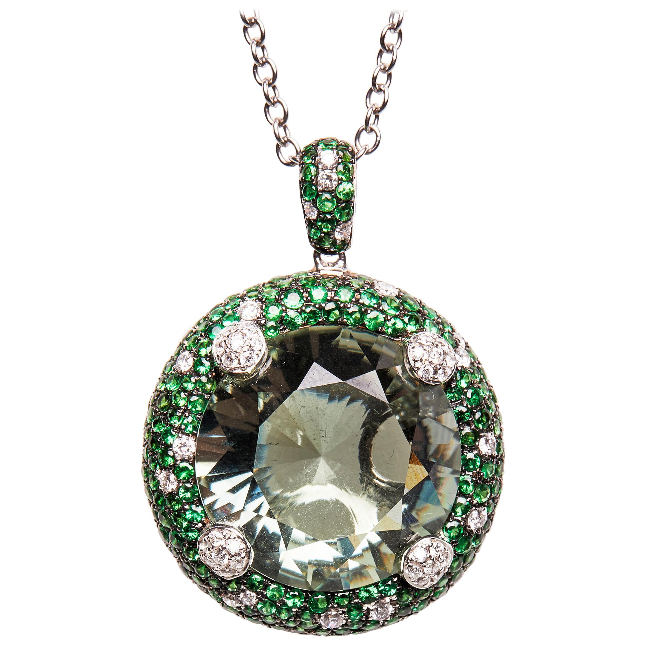 18 Karat White Gold Diamond Green Amethyst and Tsavorite Chain and Pendant For Sale