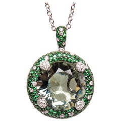 18 Karat White Gold Diamond Green Amethyst and Tsavorite Chain and Pendant