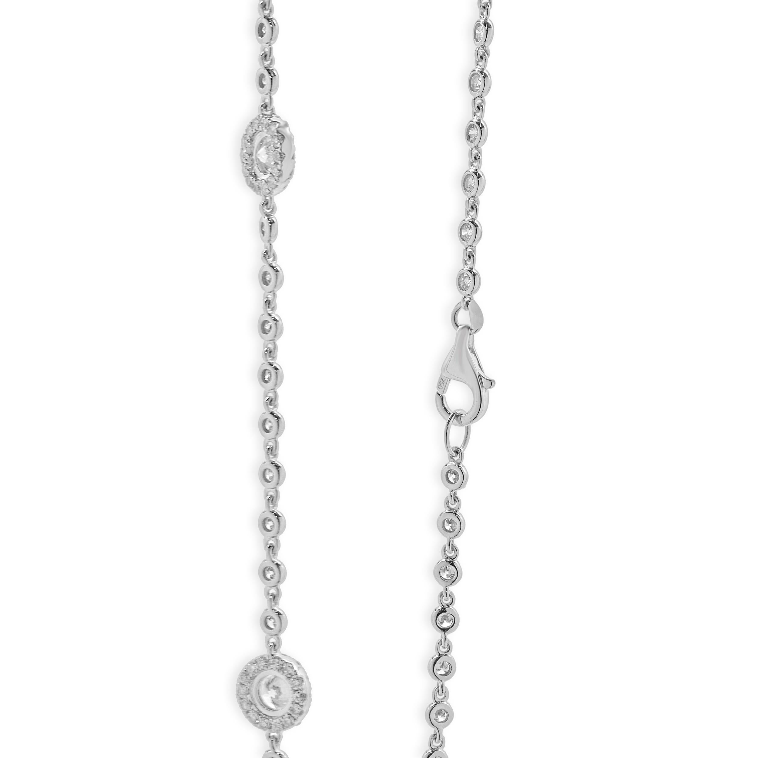 Round Cut 18 Karat White Gold Diamond Halo Station Necklace For Sale
