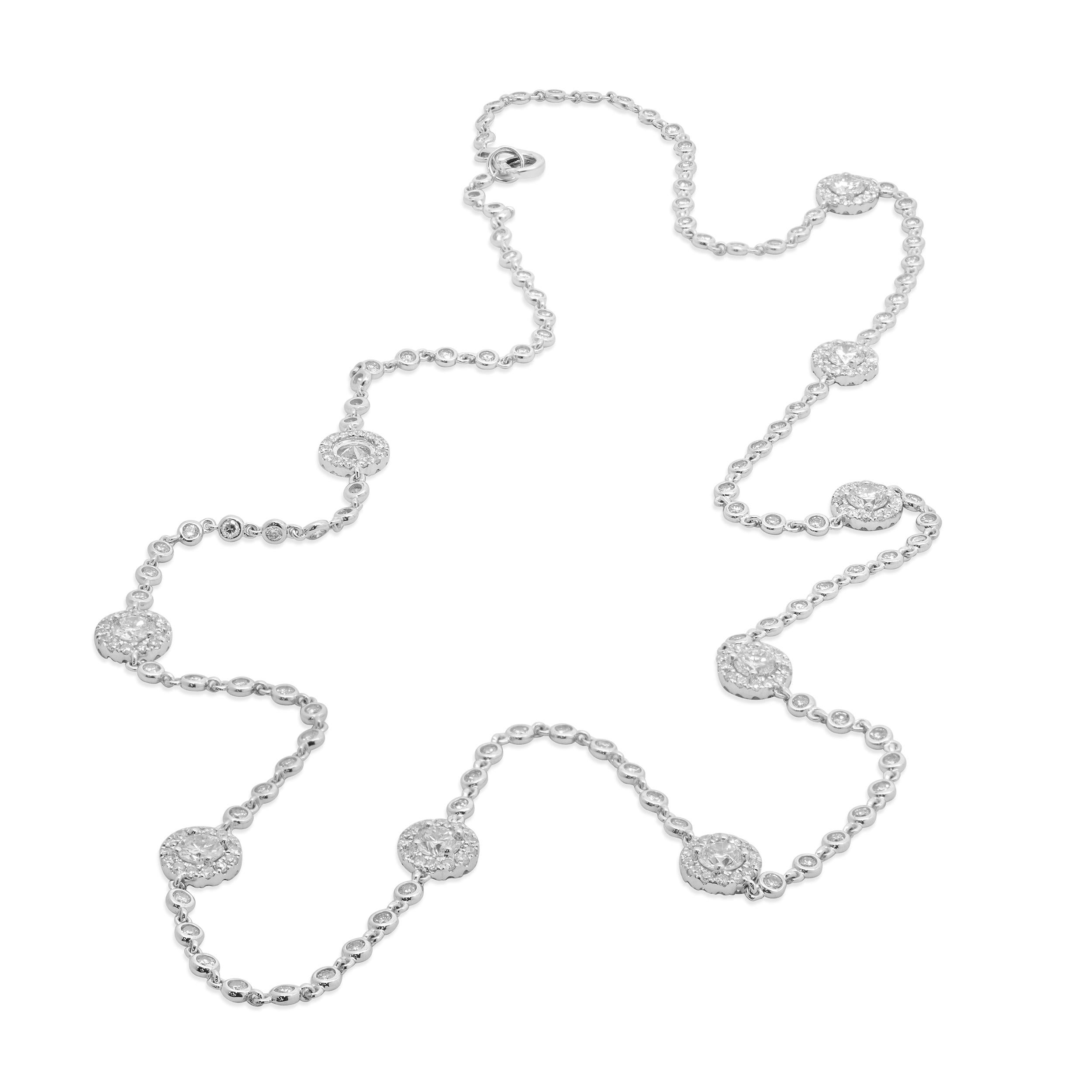 18 Karat White Gold Diamond Halo Station Necklace In Excellent Condition For Sale In Scottsdale, AZ