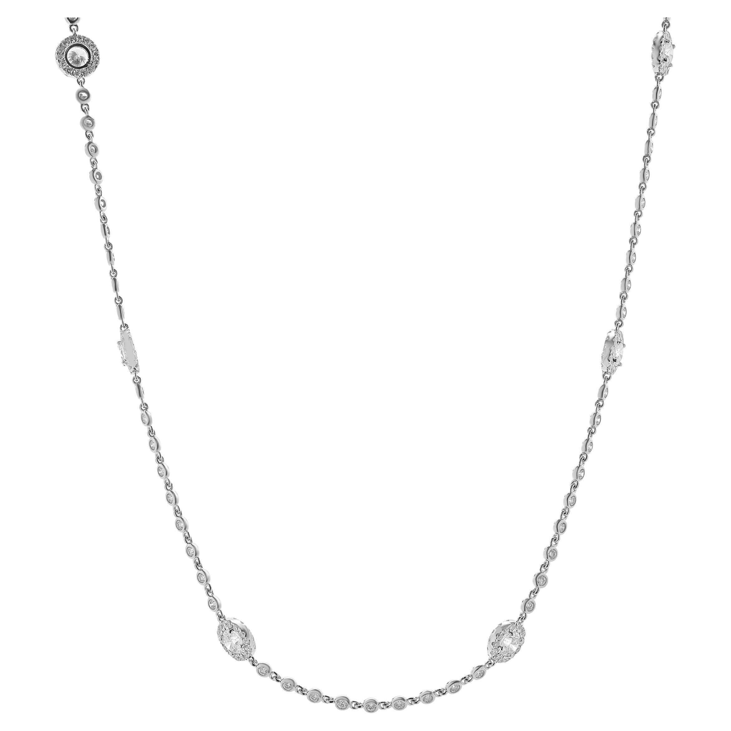 18 Karat White Gold Diamond Halo Station Necklace