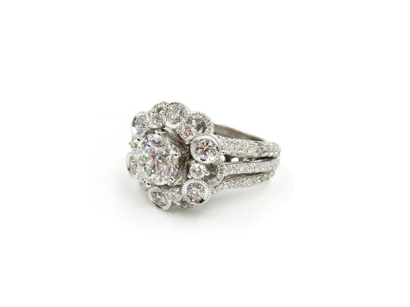 Women's White Gold Diamond Halo Style Ring 3.67 Carat Total Weight For Sale