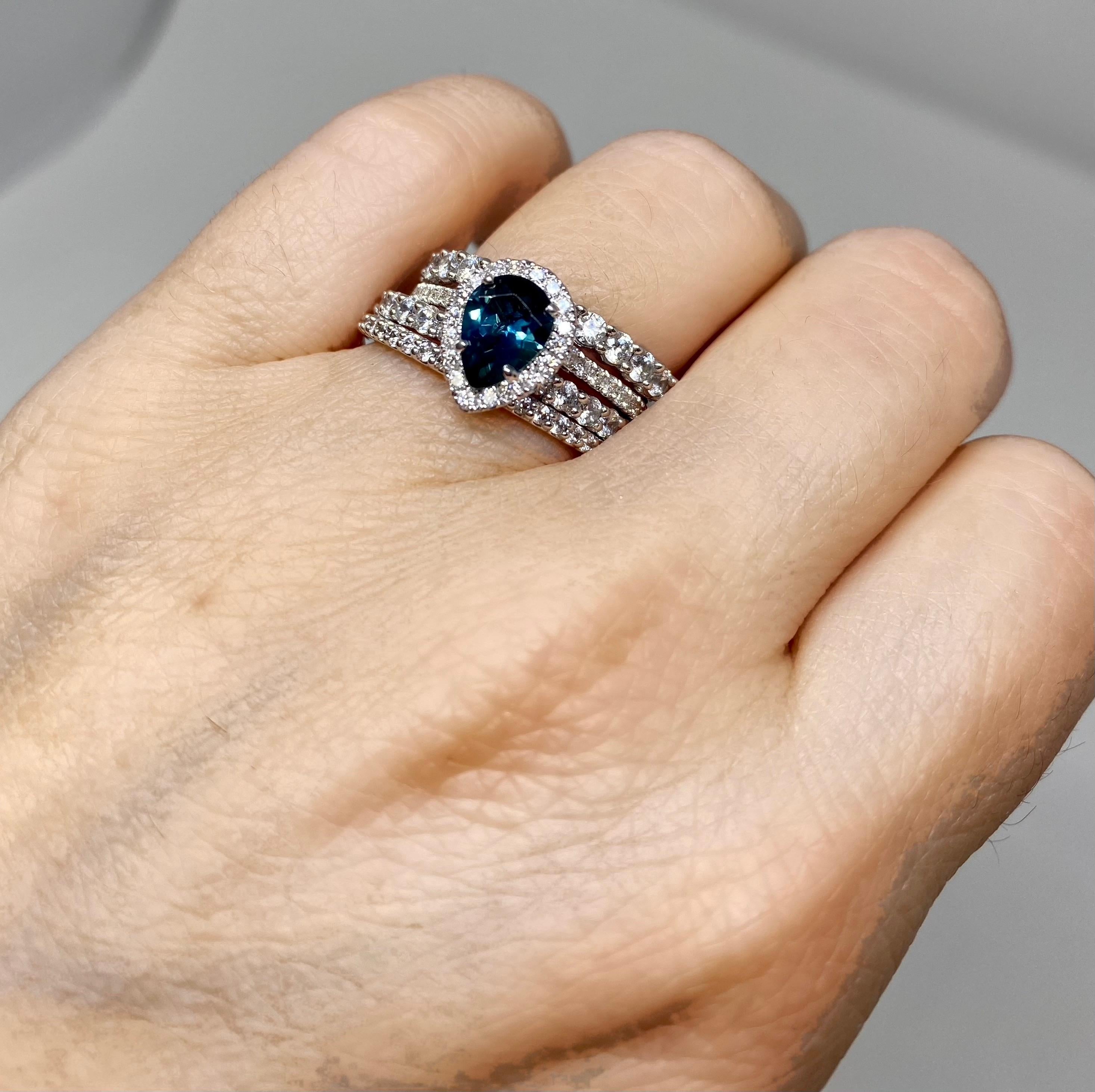 18 Karat White Gold Diamond Halo Teardrop Montana Sapphire Ring For Sale 1