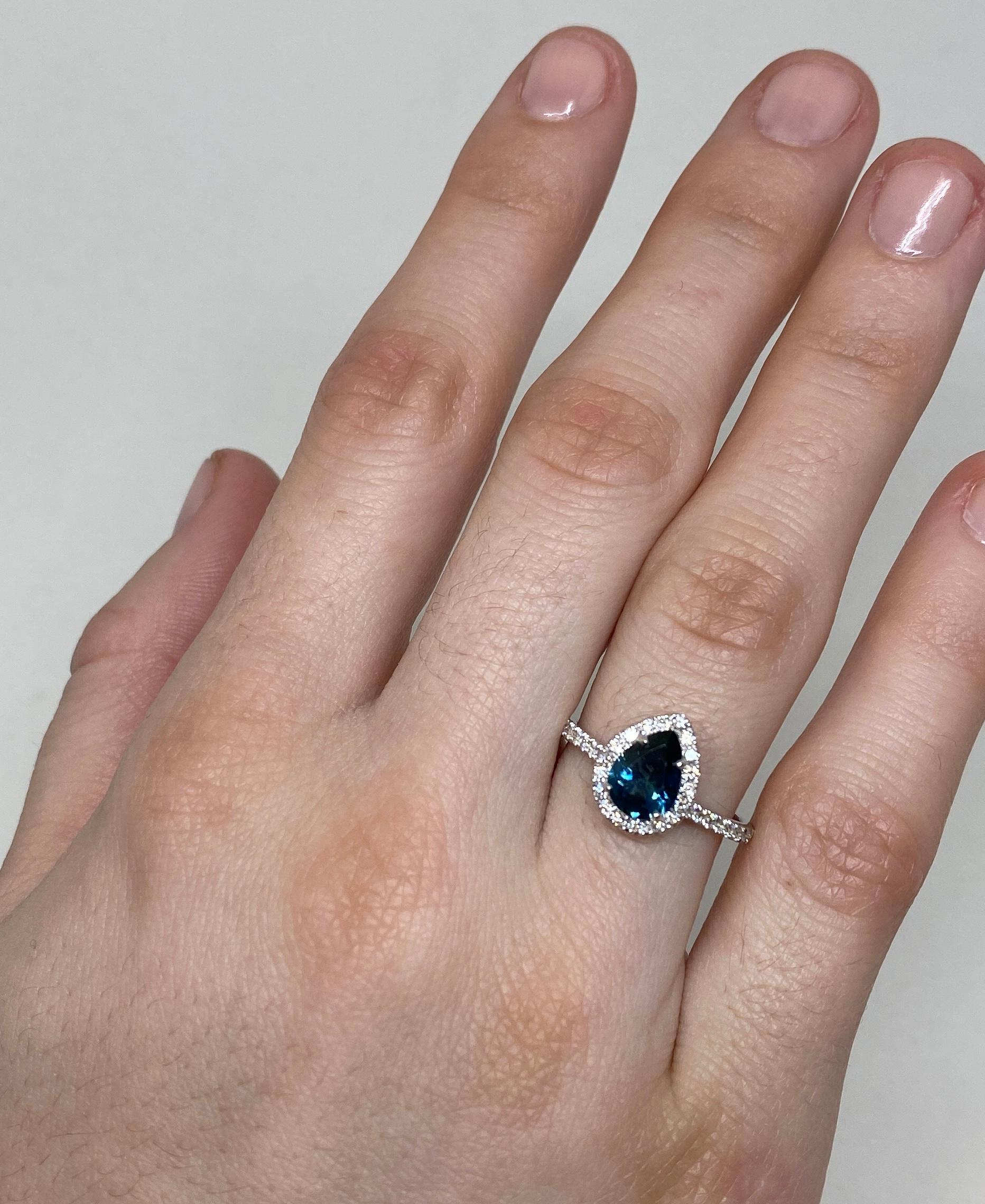 Contemporary 18 Karat White Gold Diamond Halo Teardrop Montana Sapphire Ring For Sale