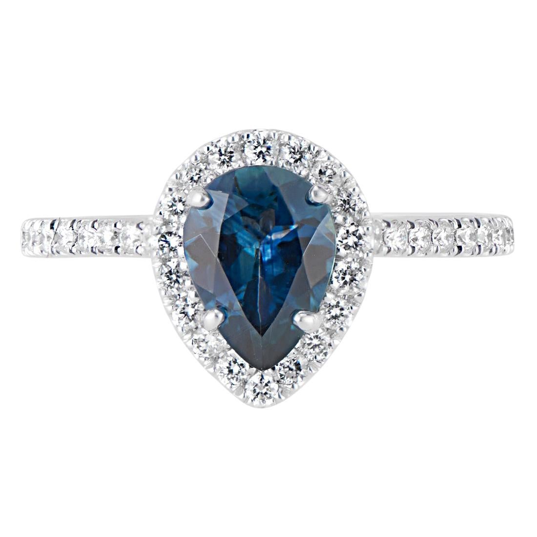 18 Karat White Gold Diamond Halo Teardrop Montana Sapphire Ring