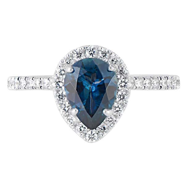 18 Karat White Gold Diamond Halo Teardrop Montana Sapphire Ring For ...