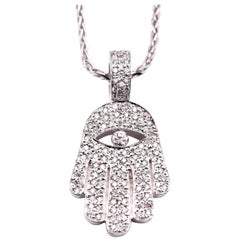 18 Karat White Gold Diamond Hamsa Pendant on 14 Karat White Gold Chain