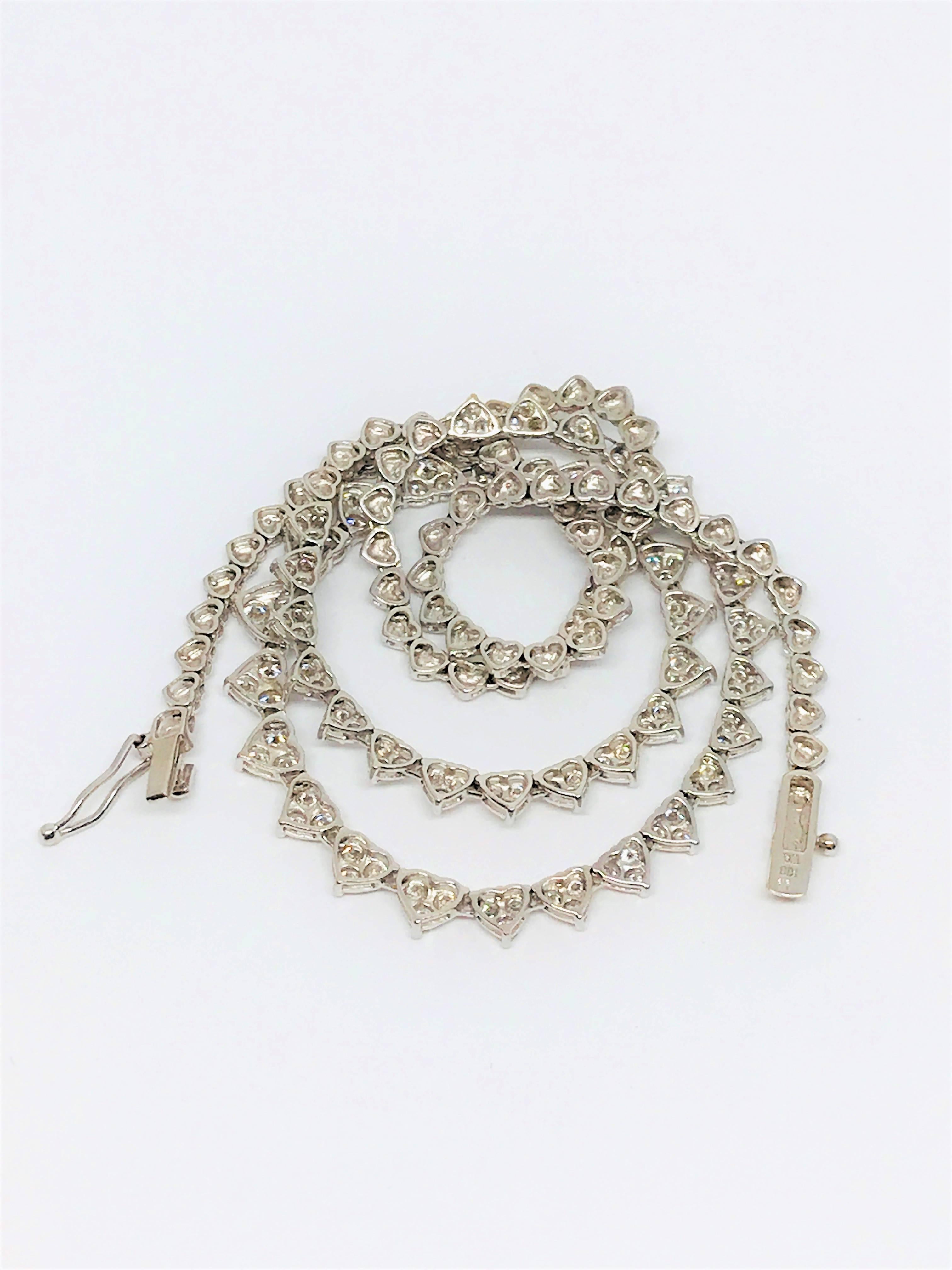 Women's 18 Karat White Gold Diamond Heart Tennis Style Necklace For Sale