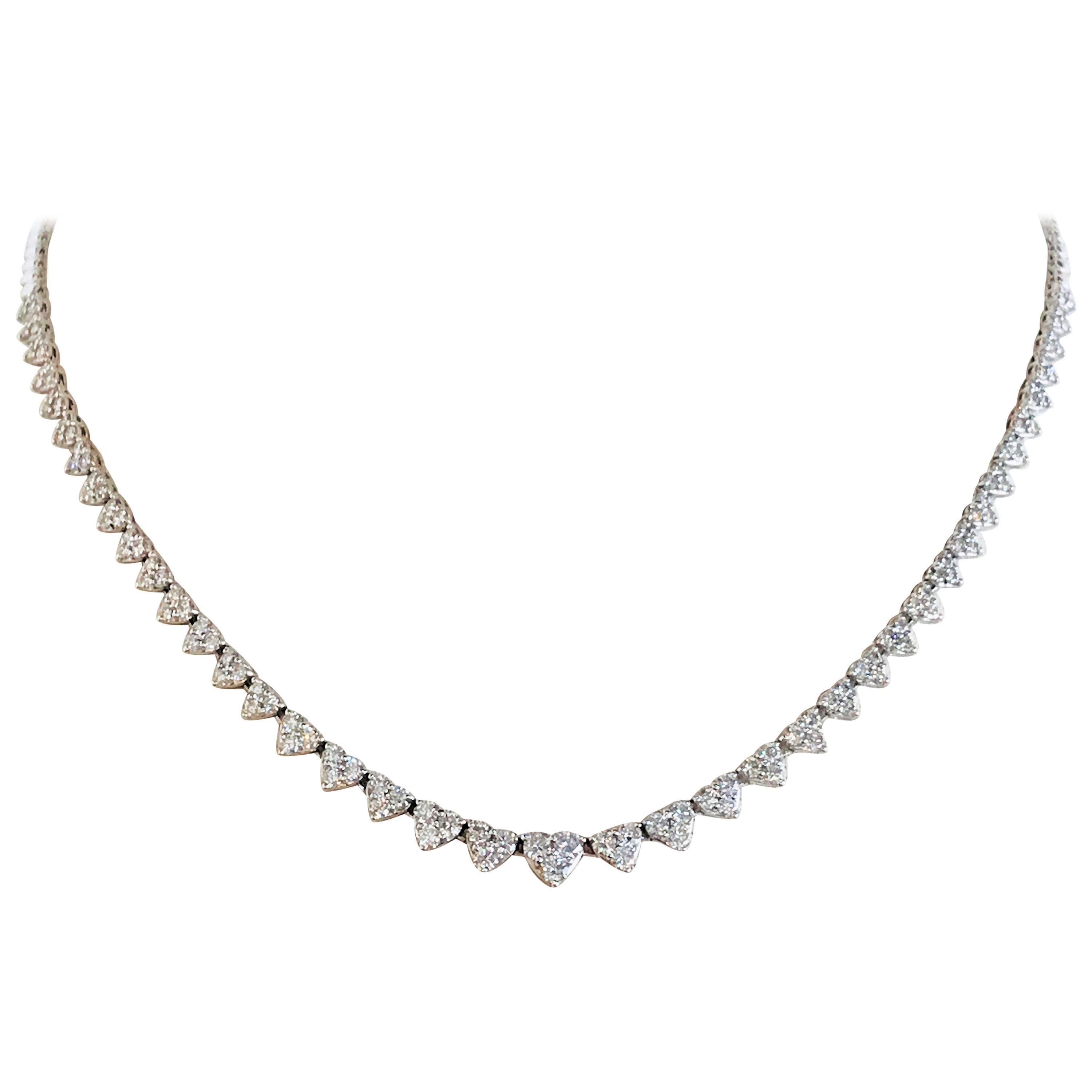 18 Karat White Gold Diamond Heart Tennis Style Necklace For Sale