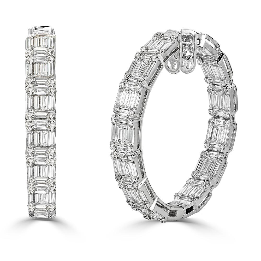 Baguette Cut 18 Karat White Gold Diamond Hoop Earrings Baguettes and Round Diamonds