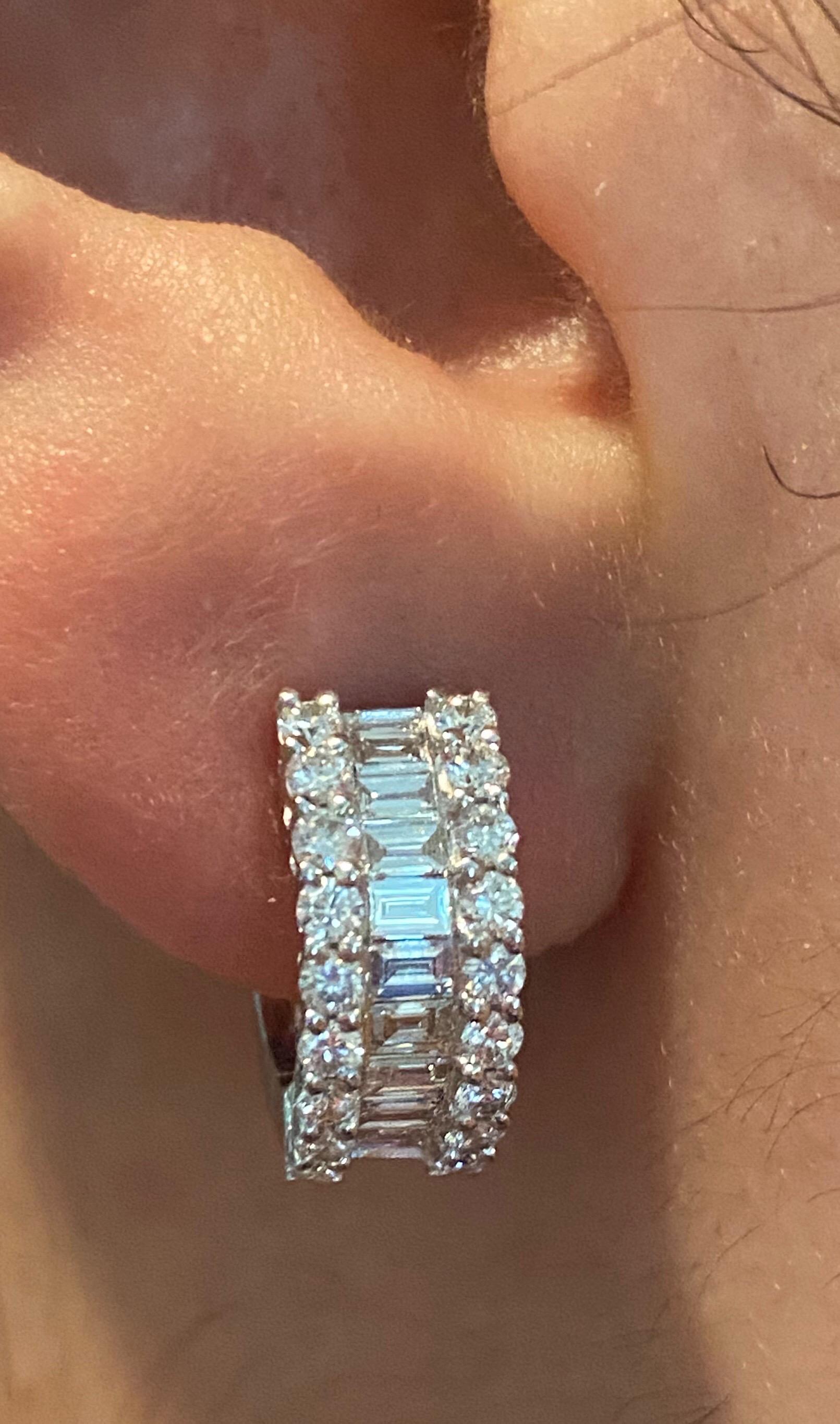 Baguette Cut 18 Karat White Gold Diamond Huggies For Sale