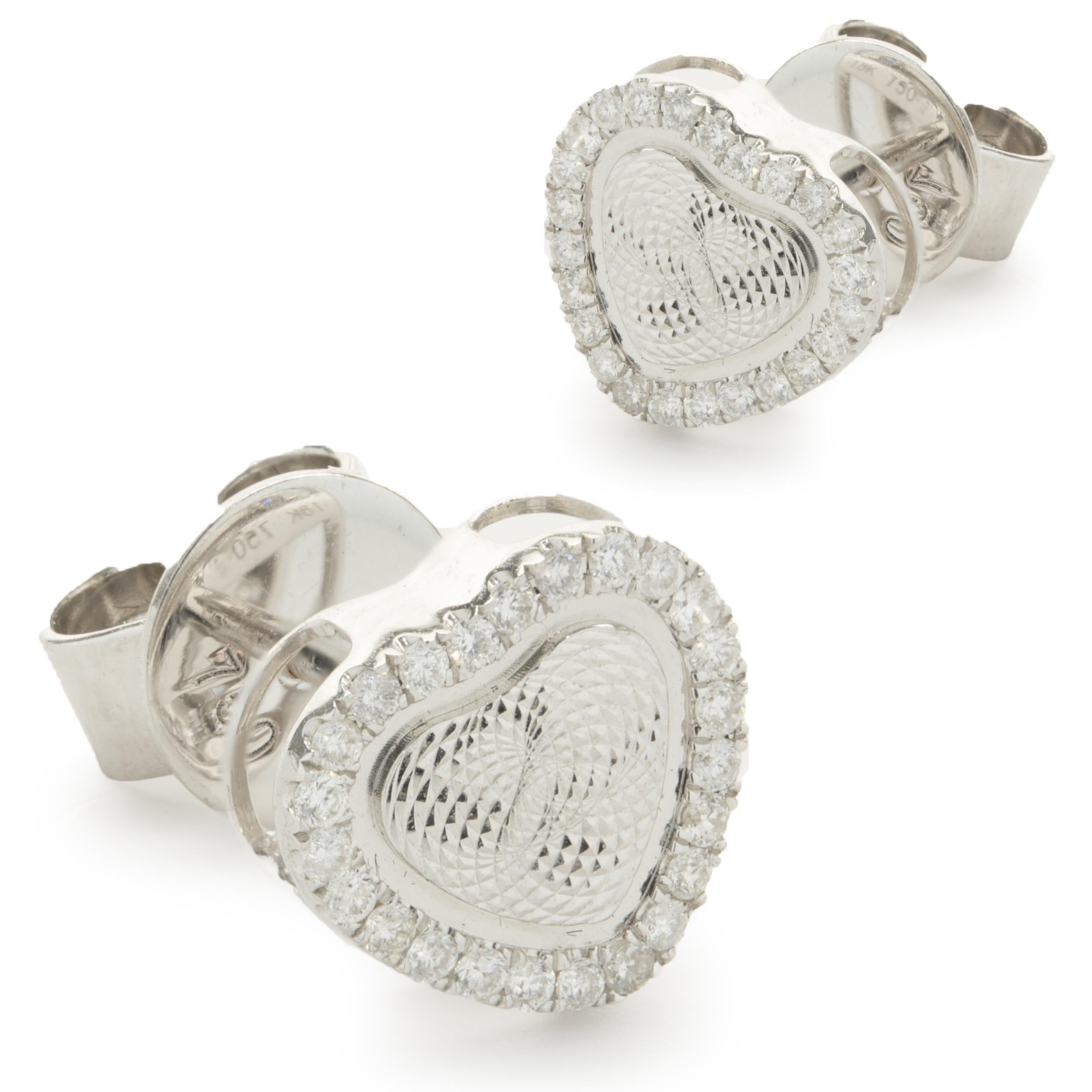 Designer: custom
Material: 18K white gold
Diamond: 48 round brilliant cut = 0.18cttw
Color: G
Clarity: VS
Dimensions: earrings measure 15mm in length
Fastenings: post with friction	
Weight: 2.37 grams