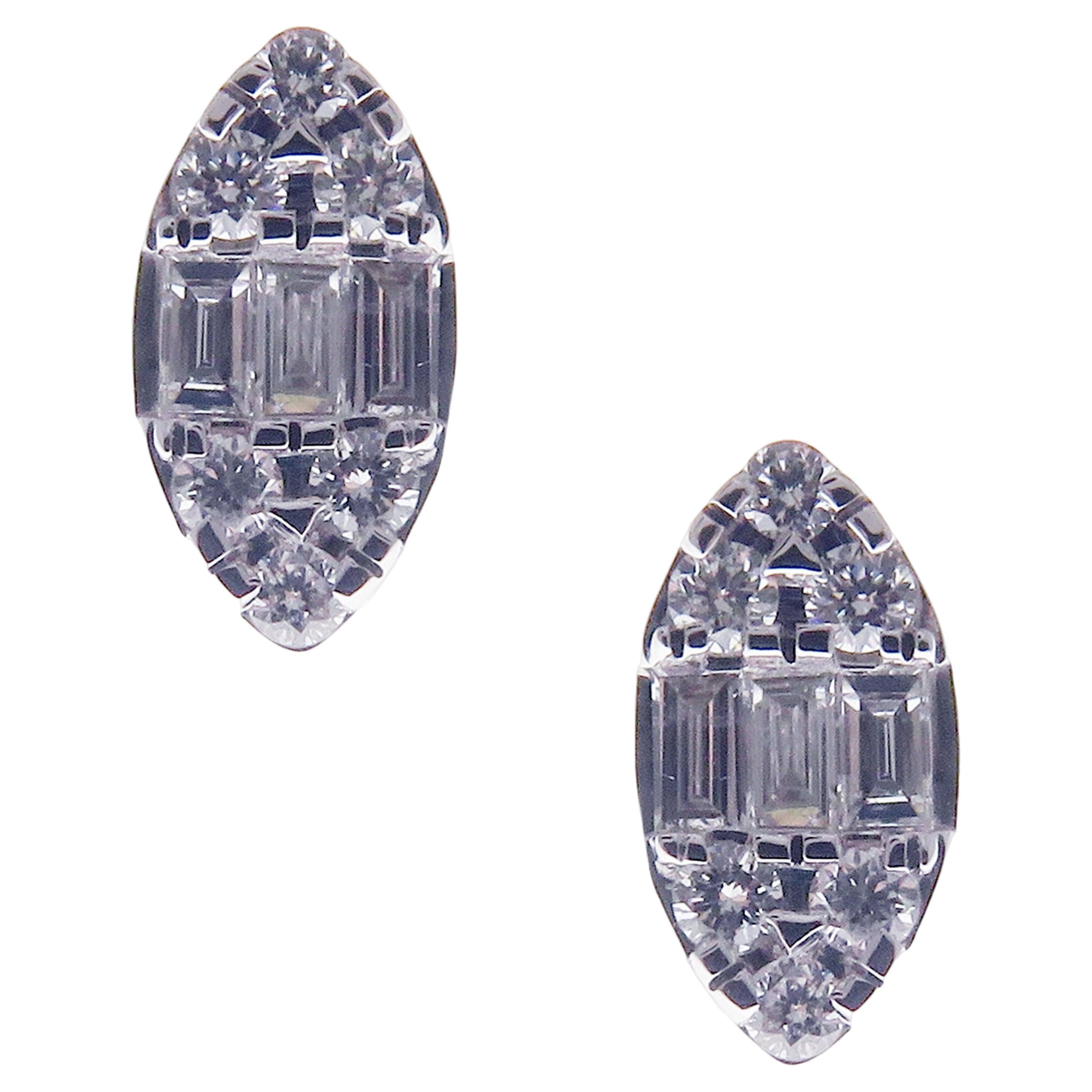 18 Karat White Gold Diamond Illusion Marquise Shape Stud Earring For Sale