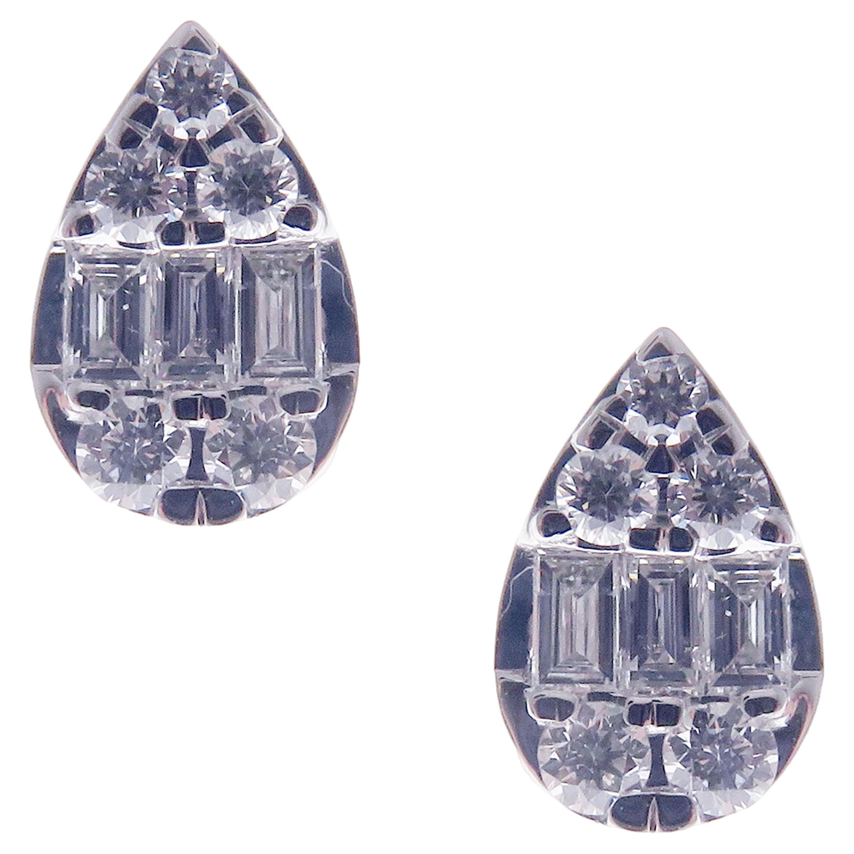 18 Karat White Gold Diamond Illusion Pear Shape Stud Earring For Sale