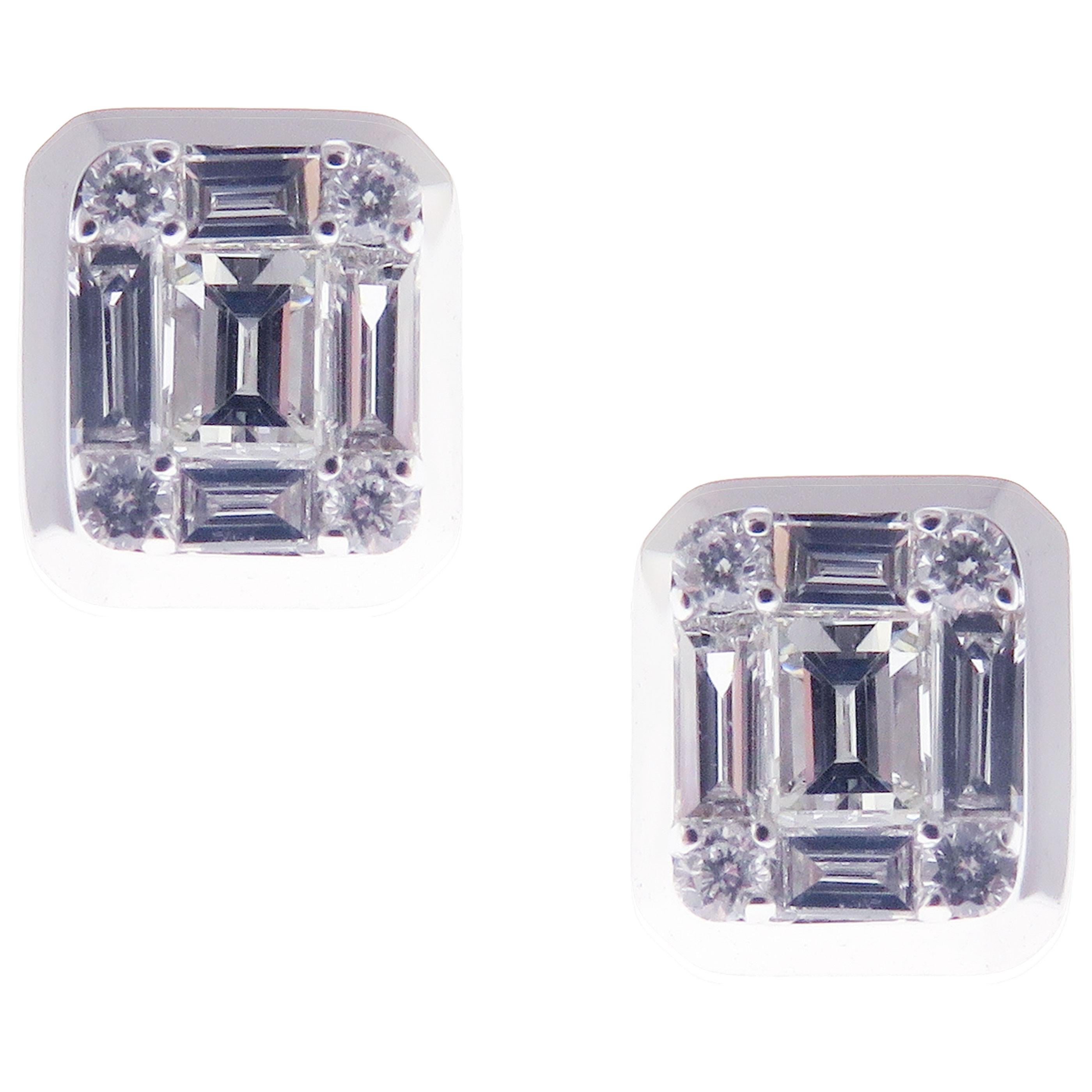 This round and baguette combination diamond illusion stud earring is crafted in 18-karat white gold, featuring 8 round white diamonds totaling of 0.06 carats and 10 baguette white diamonds totaling of 0.29 carats.
Approximate total weight 2.53