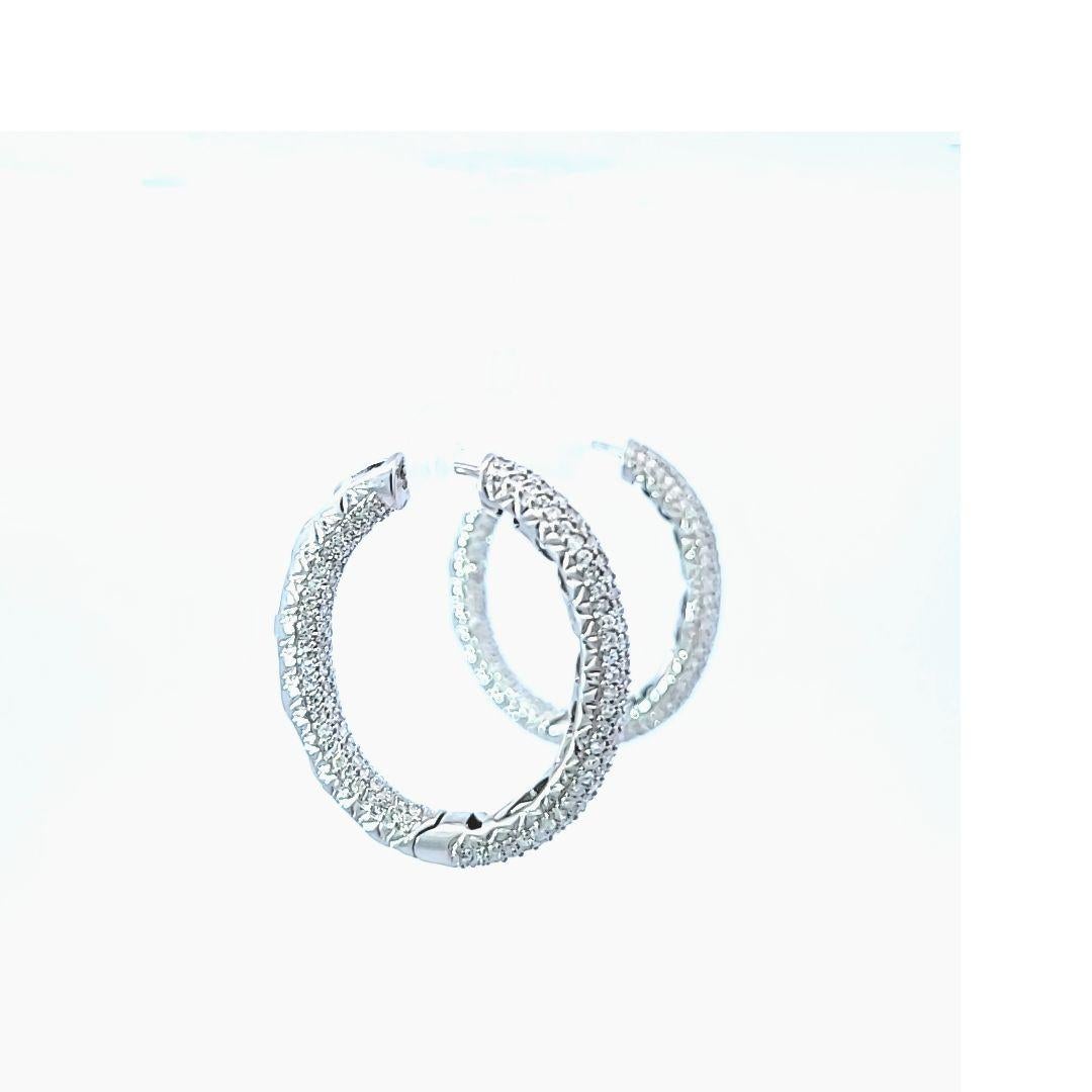 Round Cut 18 Karat White Gold Diamond In and Out Hoop Earrings For Sale