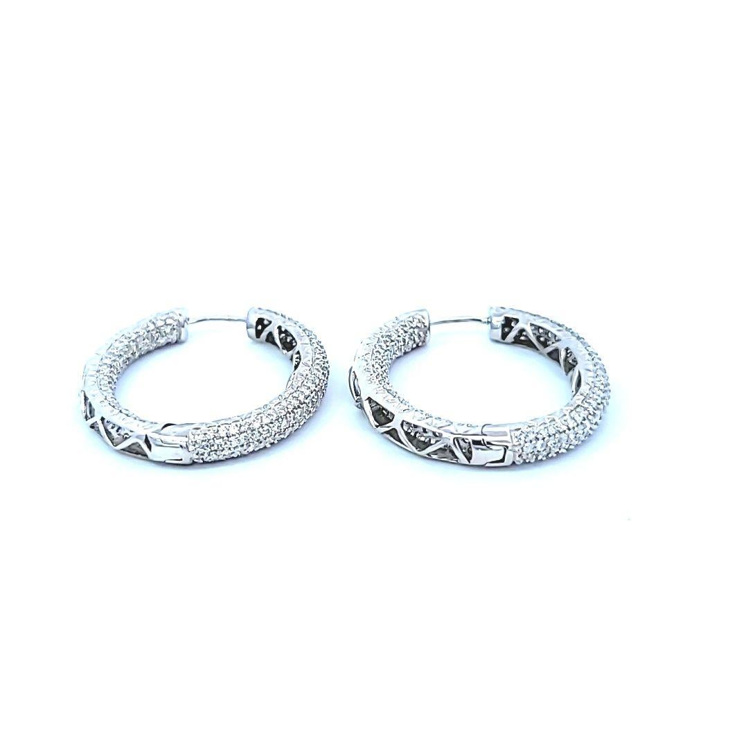 Women's or Men's 18 Karat White Gold Diamond In and Out Hoop Earrings For Sale