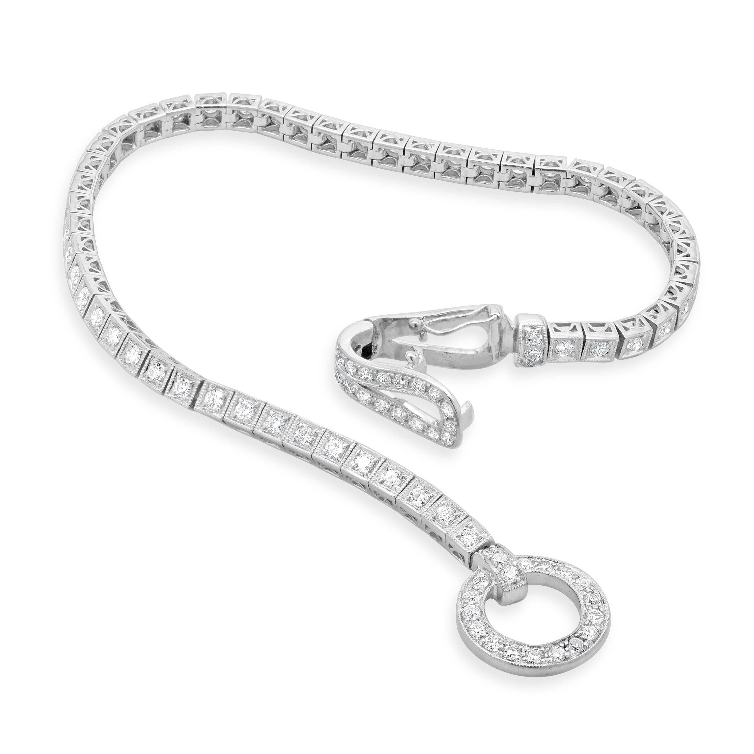 Round Cut 18 Karat White Gold Diamond Inline Bracelet with Buckle Clasp For Sale